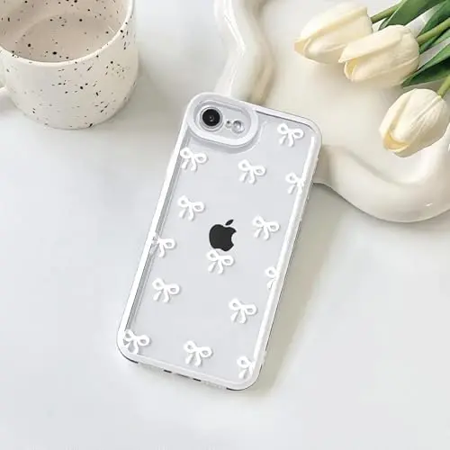 NITITOP Compatible with iPhone 16e Case Cute Clear Durable Ribbon Bowknot Pattern for Girls Women Soft TPU Transparent Full Camera Lens Shockproof Protective Phone Cover - White - 3