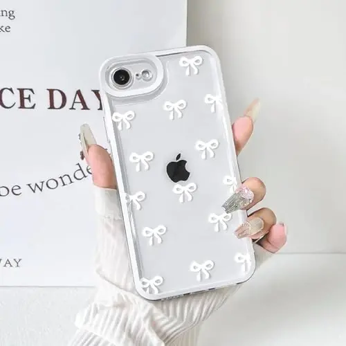 NITITOP Compatible with iPhone 16e Case Cute Clear Durable Ribbon Bowknot Pattern for Girls Women Soft TPU Transparent Full Camera Lens Shockproof Protective Phone Cover - White - 4