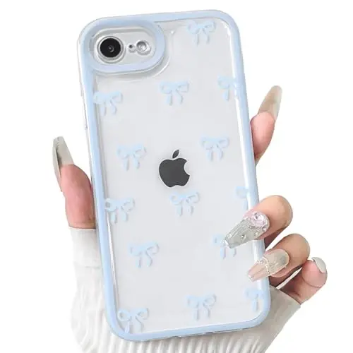 NITITOP Compatible with iPhone 16e Case Cute Clear Durable Ribbon Bowknot Pattern for Girls Women Soft TPU Transparent Full Camera Lens Shockproof Protective Phone Cover - Blue 