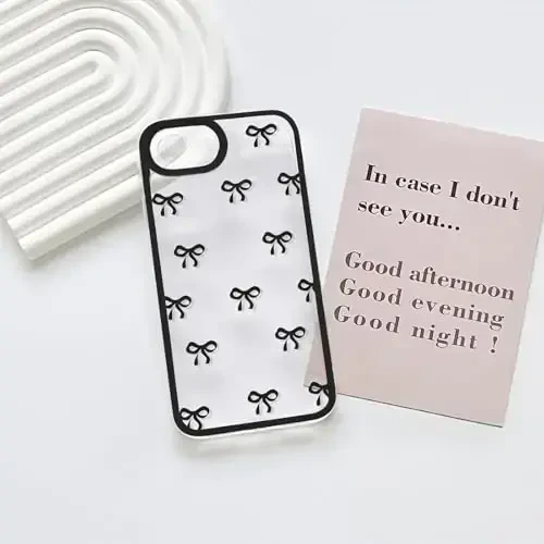NITITOP Compatible with iPhone 16e Case Cute Clear Durable Ribbon Bowknot Pattern for Girls Women Soft TPU Transparent Full Camera Lens Shockproof Protective Phone Cover - Black - 2