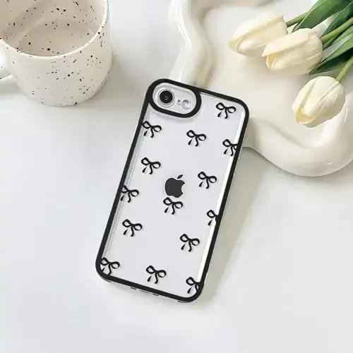 NITITOP Compatible with iPhone 16e Case Cute Clear Durable Ribbon Bowknot Pattern for Girls Women Soft TPU Transparent Full Camera Lens Shockproof Protective Phone Cover - Black - 3