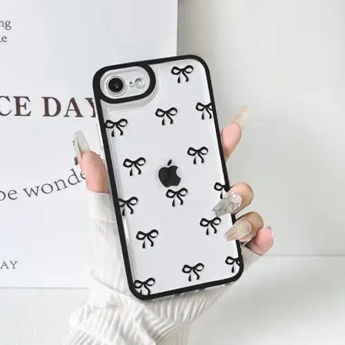 NITITOP Compatible with iPhone 16e Case Cute Clear Durable Ribbon Bowknot Pattern for Girls Women Soft TPU Transparent Full Camera Lens Shockproof Protective Phone Cover - Black - 4
