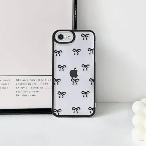 NITITOP Compatible with iPhone 16e Case Cute Clear Durable Ribbon Bowknot Pattern for Girls Women Soft TPU Transparent Full Camera Lens Shockproof Protective Phone Cover - Black - 6