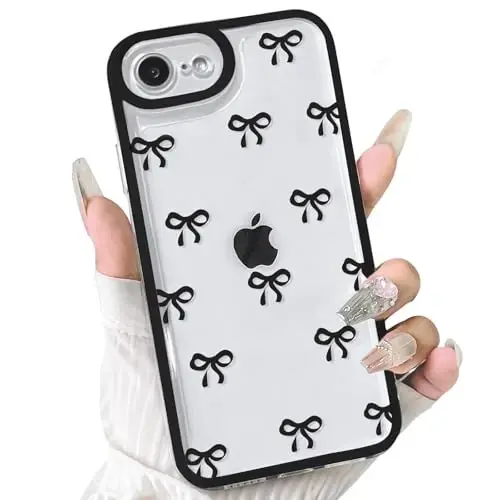 NITITOP Compatible with iPhone 16e Case Cute Clear Durable Ribbon Bowknot Pattern for Girls Women Soft TPU Transparent Full Camera Lens Shockproof Protective Phone Cover - Black - 1