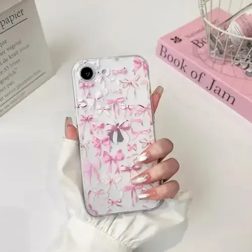 NITITOP Compatible with iPhone 16e Case Cute Clear Bowknot Design for Women Girls Pink Bow Ribbon Soft Fit Slim Stylish Protective Phone Cover - Pink - 4