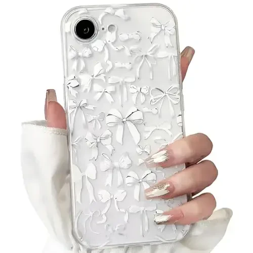 NITITOP Compatible with iPhone 16e Case Cute Clear Bowknot Design for Women Girls White Bow Ribbon Soft Fit Slim Stylish Protective Phone Cover - White 
