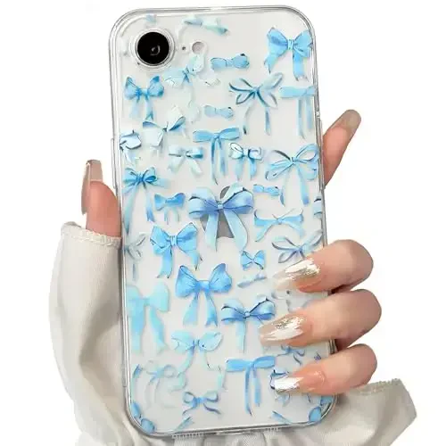 NITITOP Compatible with iPhone 16e Case Cute Clear Bowknot Design for Women Girls Blue Bow Ribbon Soft Fit Slim Stylish Protective Phone Cover - Blue 