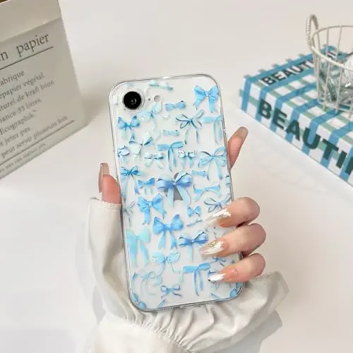NITITOP Compatible with iPhone 16e Case Cute Clear Bowknot Design for Women Girls Blue Bow Ribbon Soft Fit Slim Stylish Protective Phone Cover - Blue - 9