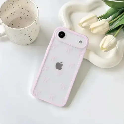 NITITOP iPhone 17 Air Case uchun mos keladi Chiroyli shaffof bardoshli lenta kamon naqshli qizlar ayollar uchun yumshoq TPU shaffof to'liq kamera linzalari zarbaga chidamli himoya telefon qopqog'i - pushti - 4