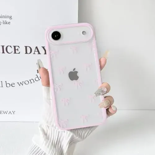 NITITOP iPhone 17 Air Case uchun mos keladi Chiroyli shaffof bardoshli lenta kamon naqshli qizlar ayollar uchun yumshoq TPU shaffof to'liq kamera linzalari zarbaga chidamli himoya telefon qopqog'i - pushti - 5