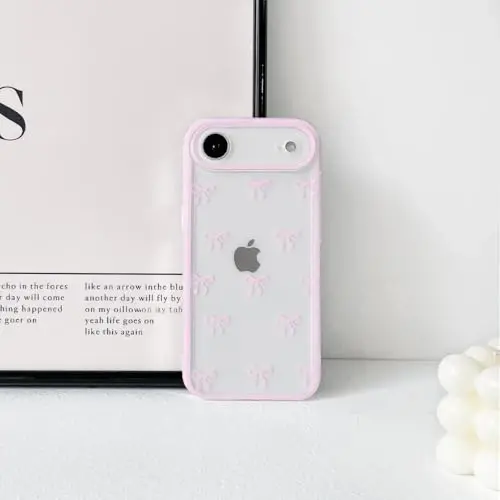 NITITOP iPhone 17 Air Case uchun mos keladi Chiroyli shaffof bardoshli lenta kamon naqshli qizlar ayollar uchun yumshoq TPU shaffof to'liq kamera linzalari zarbaga chidamli himoya telefon qopqog'i - pushti 