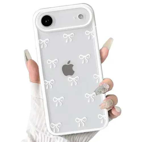 NITITOP iPhone 17 Air Case uchun mos, qizlar va ayollar uchun yoqimli tiniq chidamli lenta kamon naqshli yumshoq TPU shaffof to'liq kamera linzalari zarbga chidamli himoya telefon qopqog'i - Oq - 1