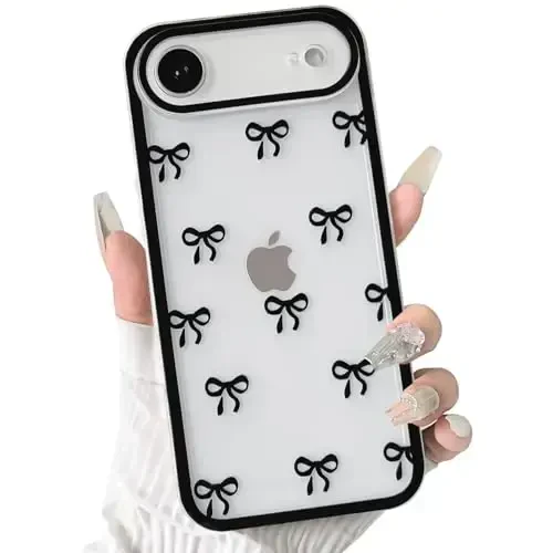 NITITOP iPhone 17 Air g'ilofi uchun mos, qizlar va ayollar uchun yoqimli shaffof chidamli lenta kamon naqshli yumshoq TPU shaffof to'liq kamera linzalari zarbga chidamli himoya telefon qopqog'i - qora - NITITOP