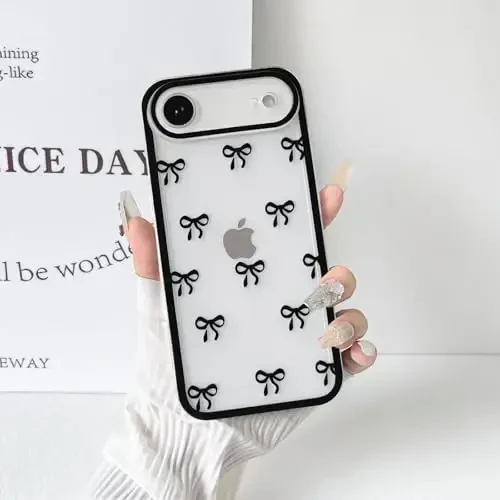 NITITOP iPhone 17 Air g'ilofi uchun mos, qizlar va ayollar uchun yoqimli shaffof chidamli lenta kamon naqshli yumshoq TPU shaffof to'liq kamera linzalari zarbga chidamli himoya telefon qopqog'i - qora - 5