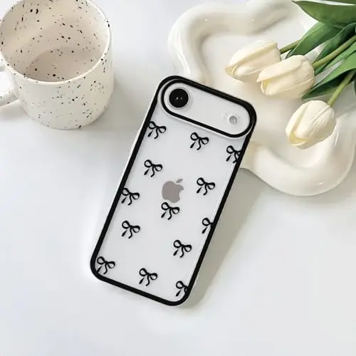 NITITOP iPhone 17 Air g'ilofi uchun mos, qizlar va ayollar uchun yoqimli shaffof chidamli lenta kamon naqshli yumshoq TPU shaffof to'liq kamera linzalari zarbga chidamli himoya telefon qopqog'i - qora - 4