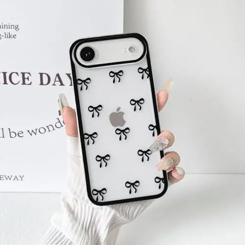 NITITOP iPhone 17 Air g'ilofi uchun mos, qizlar va ayollar uchun yoqimli shaffof chidamli lenta kamon naqshli yumshoq TPU shaffof to'liq kamera linzalari zarbga chidamli himoya telefon qopqog'i - qora - 5