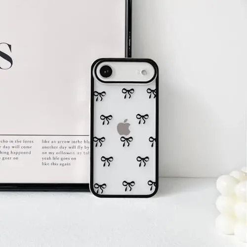 NITITOP Compatible for iPhone 17 Air Case Cute Clear Durable Ribbon Bowknot Pattern for Girls Women Soft TPU Transparent Full Camera Lens Shockproof Protective Phone Cover - Black 
