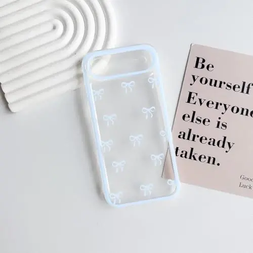 NITITOP Compatible for iPhone 17 Air Case Cute Clear Durable Ribbon Bowknot Pattern for Girls Women Soft TPU Transparent Full Camera Lens Shockproof Protective Phone Cover - Blue - 2