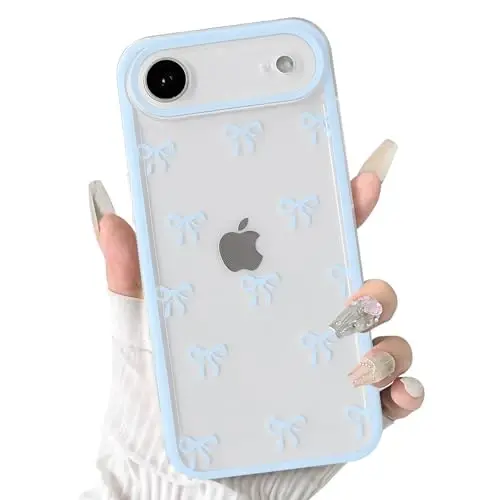 NITITOP Compatible for iPhone 17 Air Case Cute Clear Durable Ribbon Bowknot Pattern for Girls Women Soft TPU Transparent Full Camera Lens Shockproof Protective Phone Cover - Blue - NITITOP