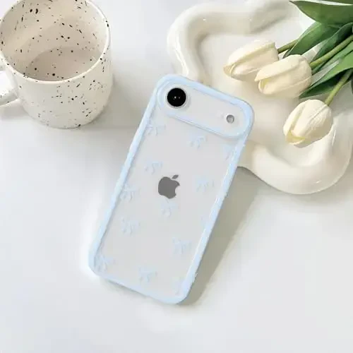 NITITOP Compatible for iPhone 17 Air Case Cute Clear Durable Ribbon Bowknot Pattern for Girls Women Soft TPU Transparent Full Camera Lens Shockproof Protective Phone Cover - Blue - 4