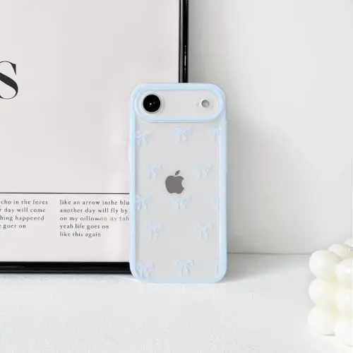 NITITOP Compatible for iPhone 17 Air Case Cute Clear Durable Ribbon Bowknot Pattern for Girls Women Soft TPU Transparent Full Camera Lens Shockproof Protective Phone Cover - Blue 