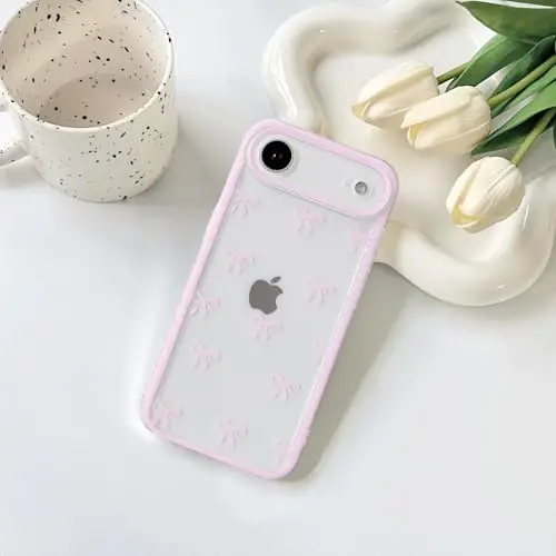 NITITOP Compatible for iPhone 17 Air Case Cute Clear Durable Ribbon Bowknot Pattern for Girls Women Soft TPU Transparent Full Camera Lens Shockproof Protective Phone Cover - Pink - 4