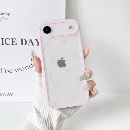 NITITOP Compatible for iPhone 17 Air Case Cute Clear Durable Ribbon Bowknot Pattern for Girls Women Soft TPU Transparent Full Camera Lens Shockproof Protective Phone Cover - Pink - 5