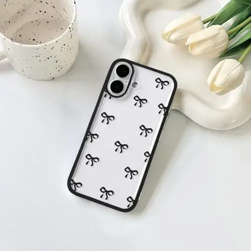 NITITOP Compatible for iPhone 17 Case Cute Clear Durable Ribbon Bowknot Pattern for Girls Women Soft TPU Transparent Full Camera Lens Shockproof Protective Phone Cover - Black - 2