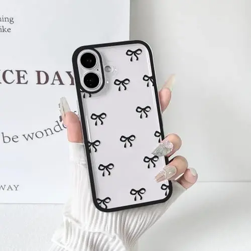 NITITOP Compatible for iPhone 17 Case Cute Clear Durable Ribbon Bowknot Pattern for Girls Women Soft TPU Transparent Full Camera Lens Shockproof Protective Phone Cover - Black 