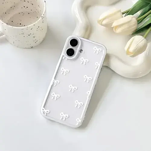NITITOP Compatible for iPhone 17 Case Cute Clear Durable Ribbon Bowknot Pattern for Girls Women Soft TPU Transparent Full Camera Lens Shockproof Protective Phone Cover - White - 11
