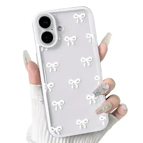 NITITOP Compatible for iPhone 17 Case Cute Clear Durable Ribbon Bowknot Pattern for Girls Women Soft TPU Transparent Full Camera Lens Shockproof Protective Phone Cover - White 