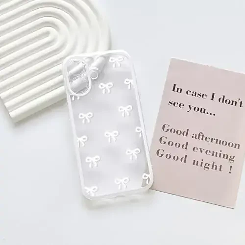 NITITOP Compatible for iPhone 17 Case Cute Clear Durable Ribbon Bowknot Pattern for Girls Women Soft TPU Transparent Full Camera Lens Shockproof Protective Phone Cover - White - 10