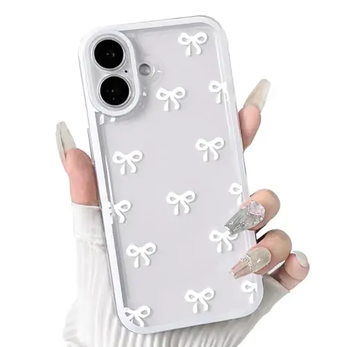 NITITOP Compatible for iPhone 17 Case Cute Clear Durable Ribbon Bowknot Pattern for Girls Women Soft TPU Transparent Full Camera Lens Shockproof Protective Phone Cover - White 
