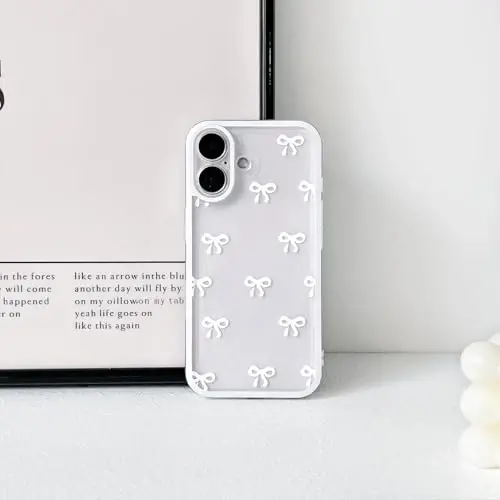 NITITOP Compatible for iPhone 17 Case Cute Clear Durable Ribbon Bowknot Pattern for Girls Women Soft TPU Transparent Full Camera Lens Shockproof Protective Phone Cover - White - 5