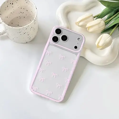 NITITOP Compatible for iPhone 17 Pro Case Cute Clear Durable Ribbon Bowknot Pattern for Girls Women Soft TPU Transparent Full Camera Lens Shockproof Protective Phone Cover - Pink - 4