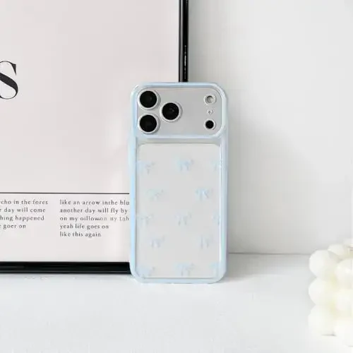 NITITOP Compatible for iPhone 17 Pro Case Cute Clear Durable Ribbon Bowknot Pattern for Girls Women Soft TPU Transparent Full Camera Lens Shockproof Protective Phone Cover - Blue - 9