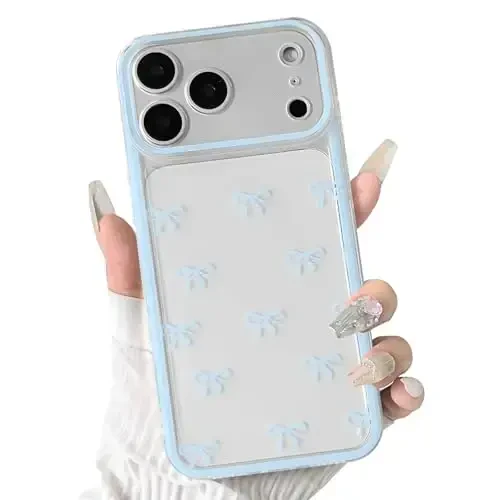 NITITOP Compatible for iPhone 17 Pro Case Cute Clear Durable Ribbon Bowknot Pattern for Girls Women Soft TPU Transparent Full Camera Lens Shockproof Protective Phone Cover - Blue - 3