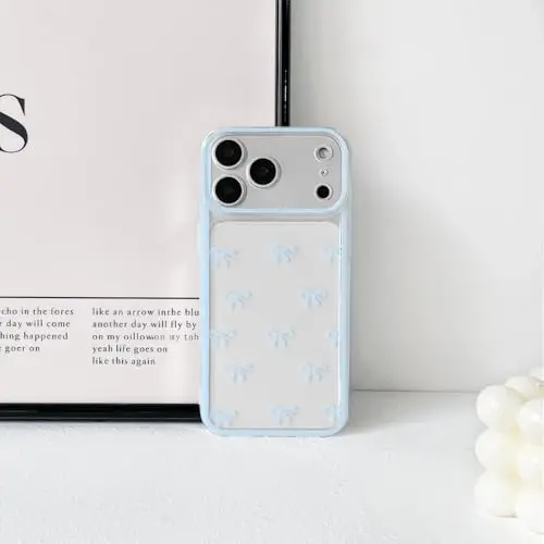 NITITOP Compatible for iPhone 17 Pro Case Cute Clear Durable Ribbon Bowknot Pattern for Girls Women Soft TPU Transparent Full Camera Lens Shockproof Protective Phone Cover - Blue 