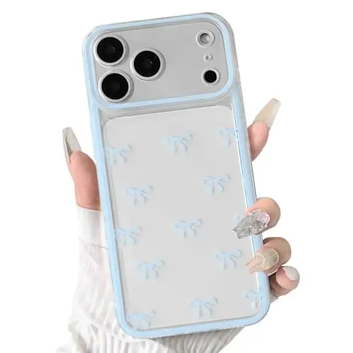 NITITOP Compatible for iPhone 17 Pro Max Case Cute Clear Durable Ribbon Bowknot Pattern for Girls Women Soft TPU Transparent Full Camera Lens Shockproof Protective Phone Cover - Blue - 3