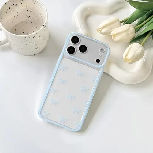 NITITOP Compatible for iPhone 17 Pro Max Case Cute Clear Durable Ribbon Bowknot Pattern for Girls Women Soft TPU Transparent Full Camera Lens Shockproof Protective Phone Cover - Blue - 4