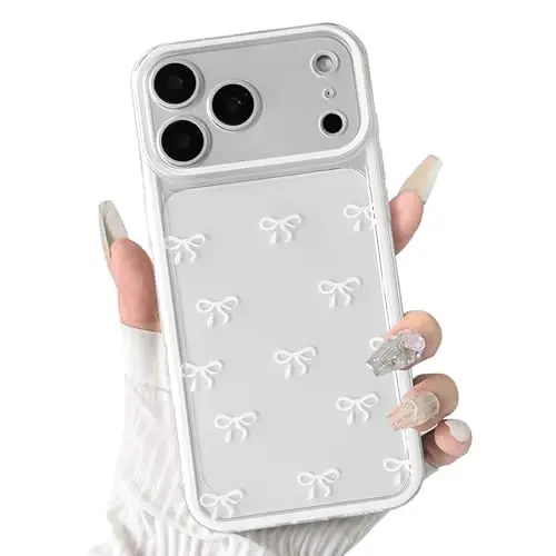 NITITOP Compatible for iPhone 17 Pro Max Case Cute Clear Durable Ribbon Bowknot Pattern for Girls Women Soft TPU Transparent Full Camera Lens Shockproof Protective Phone Cover - White - 3