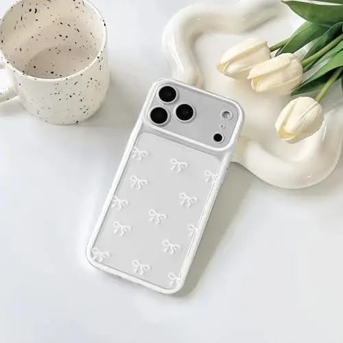 NITITOP Compatible for iPhone 17 Pro Max Case Cute Clear Durable Ribbon Bowknot Pattern for Girls Women Soft TPU Transparent Full Camera Lens Shockproof Protective Phone Cover - White - 4