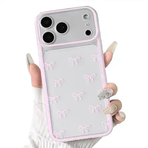 NITITOP Compatible for iPhone 17 Pro Max Case Cute Clear Durable Ribbon Bowknot Pattern for Girls Women Soft TPU Transparent Full Camera Lens Shockproof Protective Phone Cover - Pink - 1