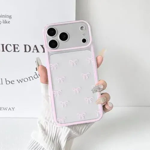 NITITOP Compatible for iPhone 17 Pro Max Case Cute Clear Durable Ribbon Bowknot Pattern for Girls Women Soft TPU Transparent Full Camera Lens Shockproof Protective Phone Cover - Pink - 5