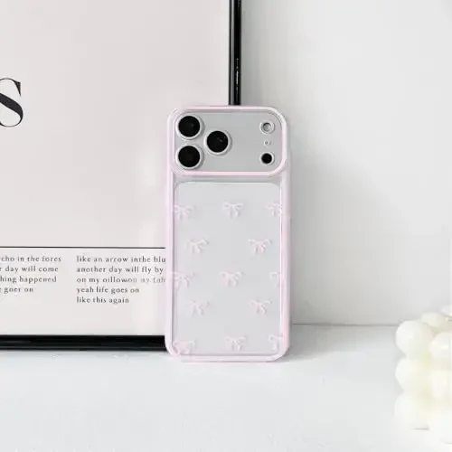 NITITOP Compatible for iPhone 17 Pro Max Case Cute Clear Durable Ribbon Bowknot Pattern for Girls Women Soft TPU Transparent Full Camera Lens Shockproof Protective Phone Cover - Pink - 6