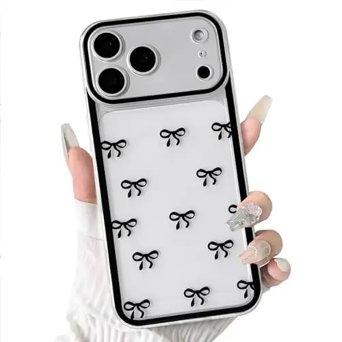 NITITOP Compatible for iPhone 17 Pro Max Case Bow - Black | Aesthetics, Cute Clear, Durable ribbon bowknot, Full camera lens, For woman girl, Soft TPU, Shockproof, Waterproof 