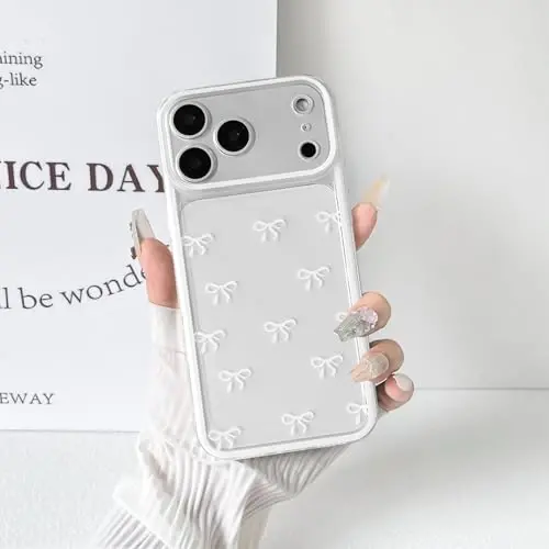 NITITOP iPhone 17 Pro Max uchun mos keladigan g'ilof, qizlar uchun chiroyli tiniq bardoshli lenta kamon naqshli, ayollar uchun yumshoq TPU shaffof to'liq kamera linzalari zarbaga chidamli himoya telefon qopqog'i - Oq - 5