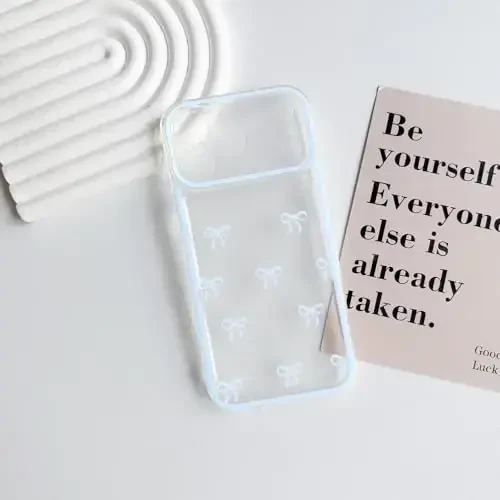 NITITOP iPhone 17 Pro uchun mos keladigan g'ilof Chiroyli shaffof chidamli lenta Kamoncha naqshli qizlar ayollar uchun Yumshoq TPU Shaffof to'liq kamera linzalari zarbaga chidamli himoya telefon qopqog'i - Moviy - NITITOP