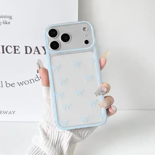 NITITOP iPhone 17 Pro uchun mos keladigan g'ilof Chiroyli shaffof chidamli lenta Kamoncha naqshli qizlar ayollar uchun Yumshoq TPU Shaffof to'liq kamera linzalari zarbaga chidamli himoya telefon qopqog'i - Moviy - 8