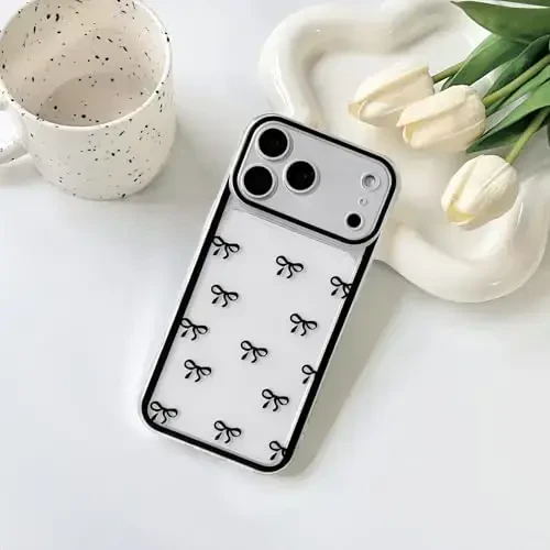 NITITOP iPhone 17 Pro uchun mos keladigan g'ilof, qizlar va ayollar uchun chiroyli shaffof chidamli lenta kamon naqshli, yumshoq TPU shaffof to'liq kamera linzalari zarbadan himoya qiluvchi telefon qopqog'i - qora - 4